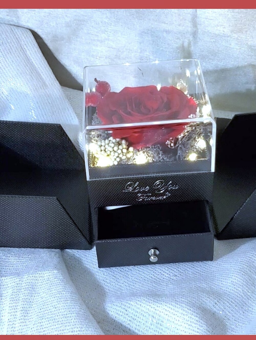 Romantic Red Preserved Rose Jewelry Box with LED Lights - Picture 3 of 10